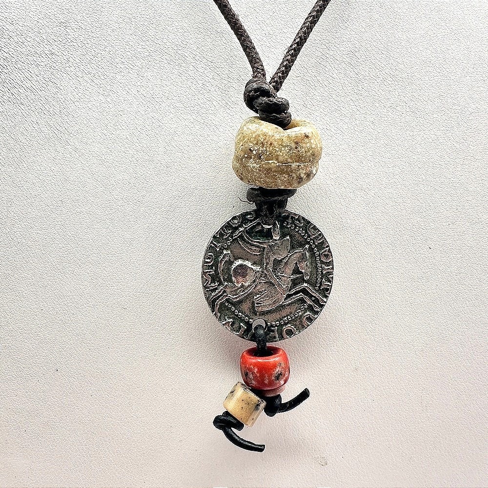 Vintage‎ 90s Ceramic Bead Round Coin Necklace Silver Tone Women's Jewelry Retro